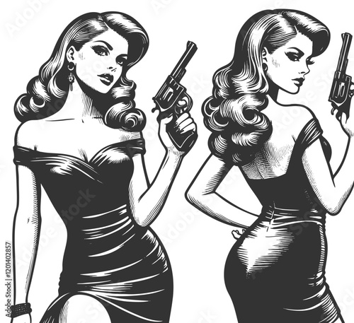 femme fatale holding a revolver, showcasing a confident and seductive expression sketch engraving generative ai fictional character vector illustration. Scratch board imitation. Black and white image.
