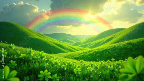 Rainbow over green hills with clover. The concept of St. Patrick's Day.
