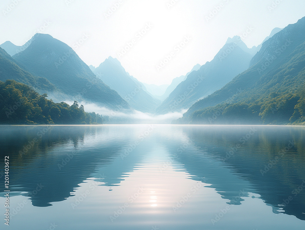 Misty Lake and Mountain Landscape in Serenity Misty Lake and Mountain Landscape in Serenity