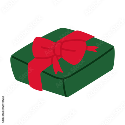 gift box with a bow on top. geometric shape is transformed into a green flat box with a red ribbon, tied in a bow with two loops. Isolated on white. A holiday gift. New Year, Christmas, Birthday