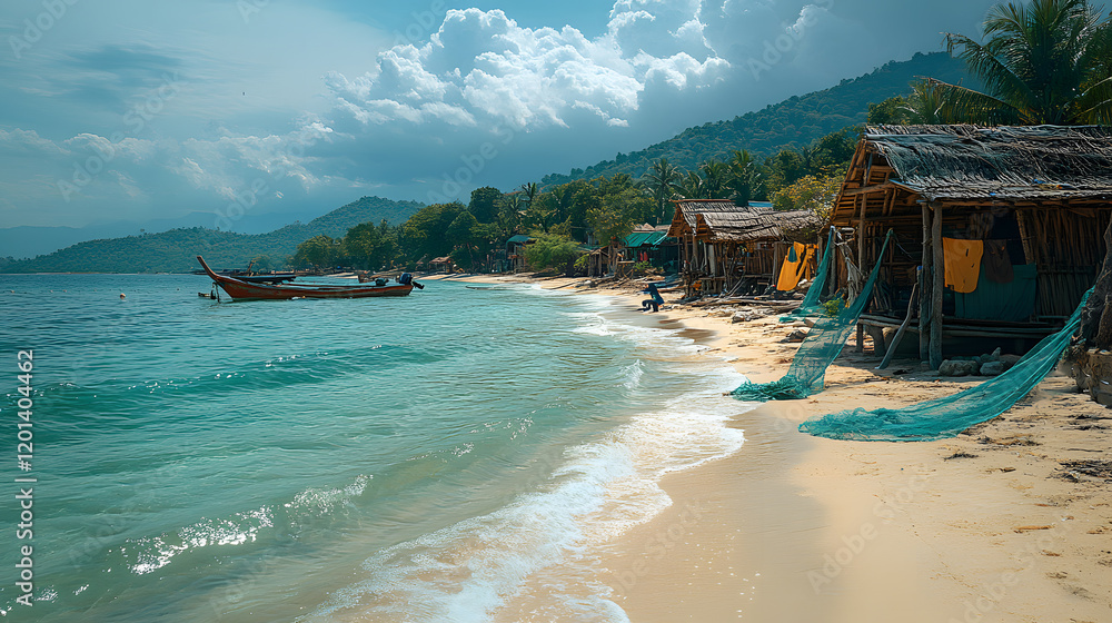 Obraz premium A stunning photography capturing the simplicity of life in a fishing village, with a fisherman mending nets by a traditional wooden hut as waves gently lap against the shore.