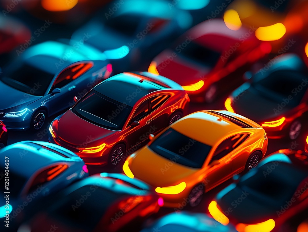 A vibrant array of miniature cars, illuminated in various colors, creates a captivating display of design and detail. A vibrant array of miniature cars, illuminated in various colors, creates a captivating display of design and detail.
