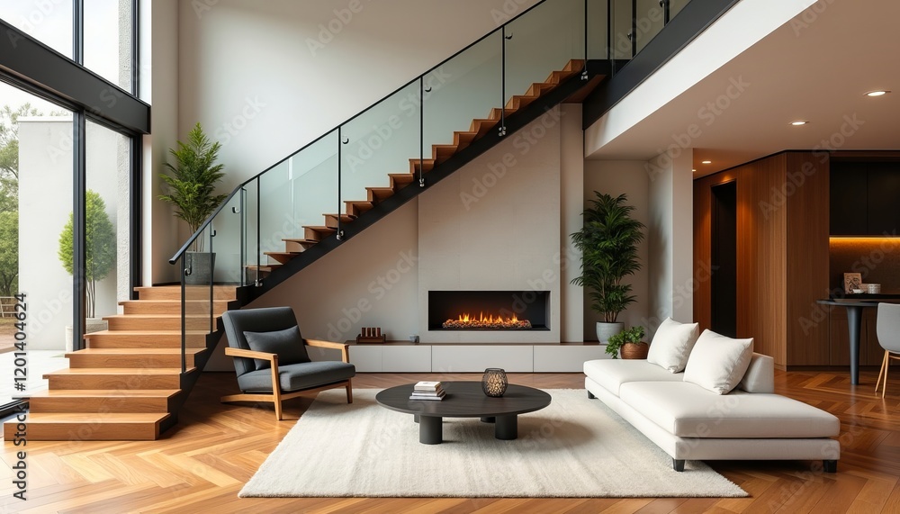 Fototapeta premium Modern living room with fireplace and wooden staircase. Spacious and stylish interior design.