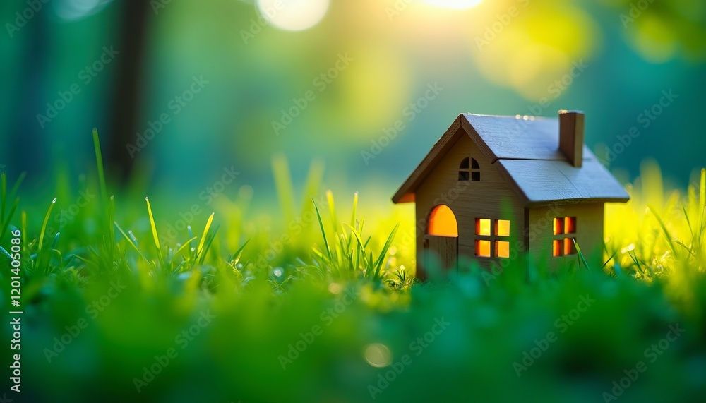 Miniature house nestled in lush green grass, bathed in warm sunlight. A symbol of home, nature, and dreams. Miniature house nestled in lush green grass, bathed in warm sunlight. A symbol of home, nature, and dreams.