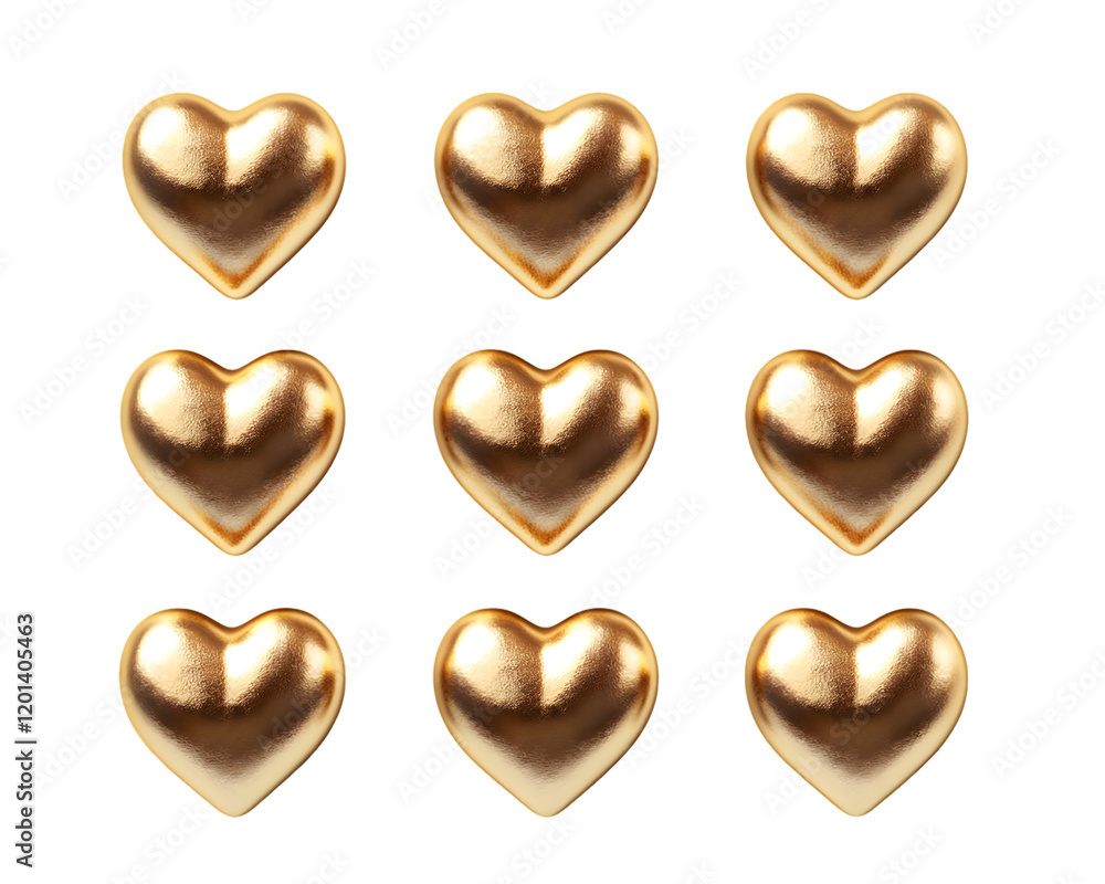 Fototapeta premium Nine Shiny Gold Hearts Arranged in a Grid Pattern Transparent Background, PNG