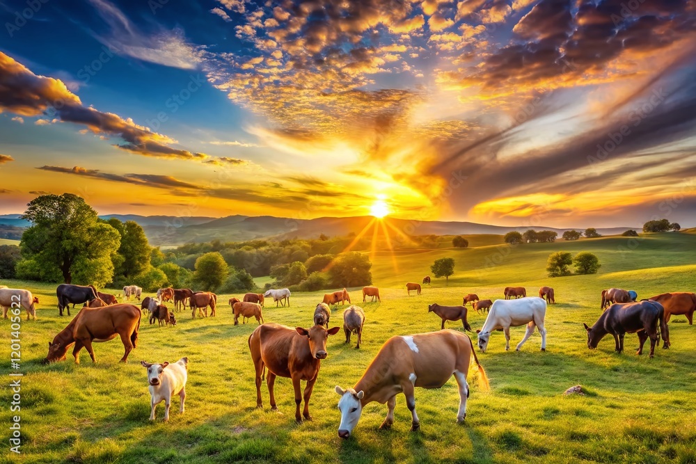 Panoramic View of Happy Domestic Animals Grazing in Lush Green Pasture Panoramic View of Happy Domestic Animals Grazing in Lush Green Pasture