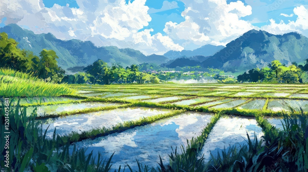 Fototapeta premium A serene rice paddy field at midday, with neatly planted rows and distant mountains under a sunny sky.