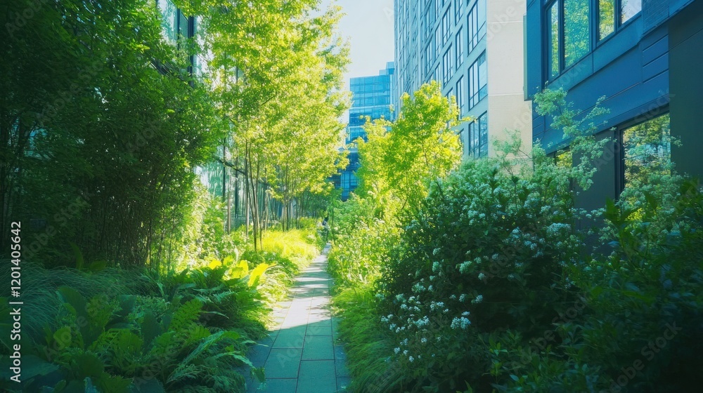 A serene morning at the High Line park, with lush greenery contrasting the modern buildings of the Meatpacking District.