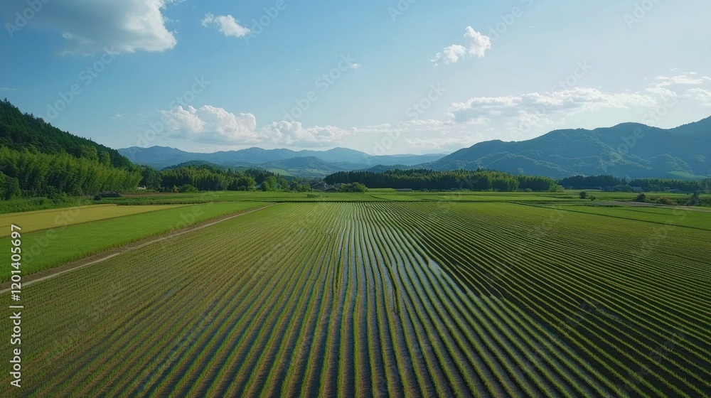 A serene rice paddy field at midday, with neatly planted rows and distant mountains under a sunny sky.