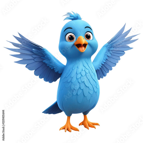 Happy blue bird flapping wings in cartoon style