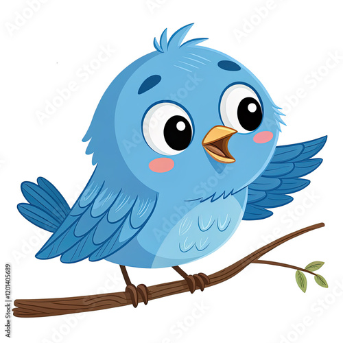 Blue cartoon bird perched on a branch with big eyes
