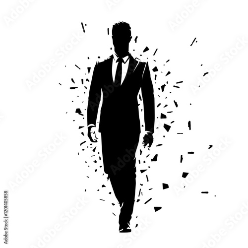 Business man in suit walking forward, vector silhouette with dispersion effect