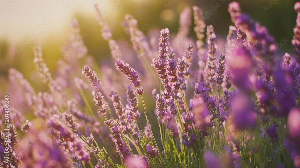 Obraz premium Sunlit lavender field with a warm glow showcasing purple blossoms and green stems