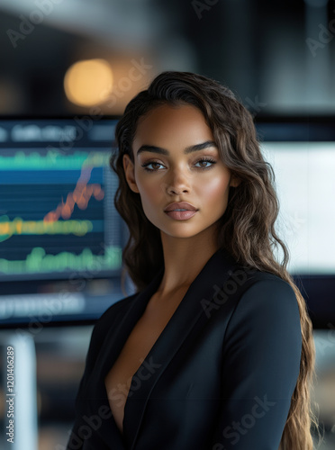 An attractive young woman in business attire, standing in front of a digital logistics dashboard in an office. Her sharp gaze is fixed on the data, with charts and shipping routes glowing Free Download An attractive young woman in business attire, standing in front of a digital logistics dashboard in an office. Her sharp gaze is fixed on the data, with charts and shipping routes glowing - GFXLoad