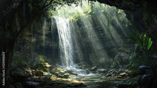 Sunlit Waterfall Hidden Deep Within Lush Jungle Canopy