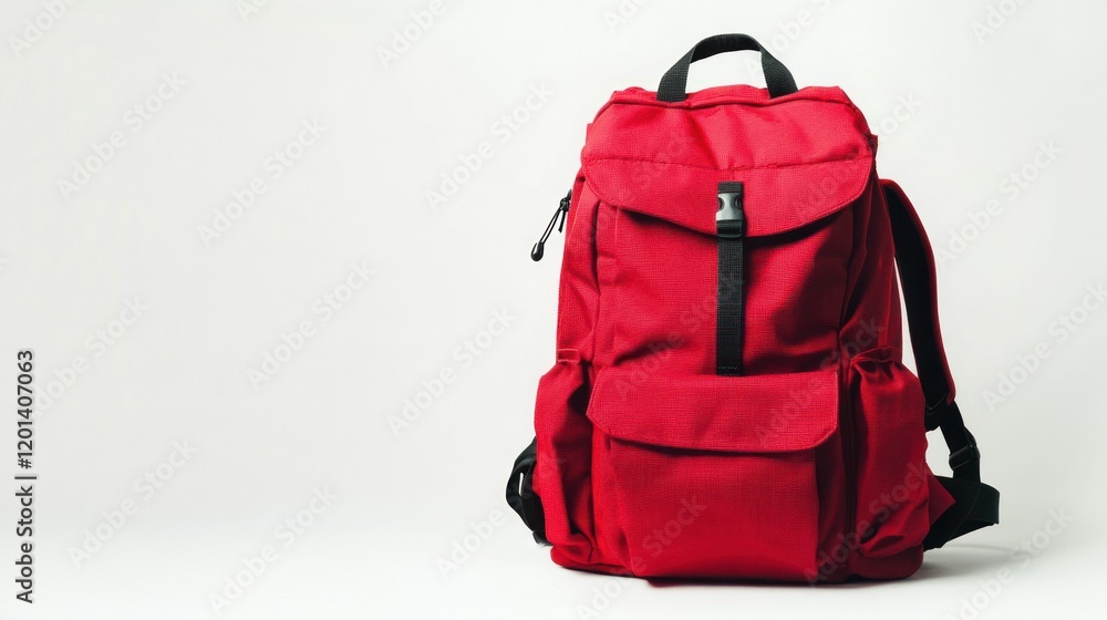 A spacious red school backpack with visible straps and side pockets, placed against a stark white background, leaving copy space above. A spacious red school backpack with visible straps and side pockets, placed against a stark white background, leaving copy space above.