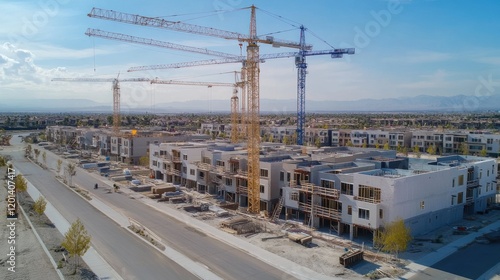 A sprawling residential construction site with cranes towering over rows of modern townhomes in various stages of development