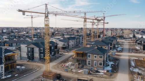 A sprawling residential construction site with cranes towering over rows of modern townhomes in various stages of development
