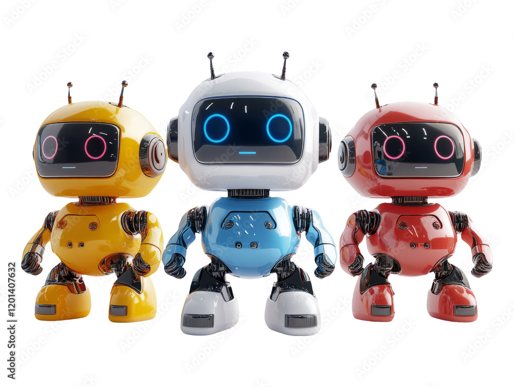 Naklejka premium Colorful cartoon robots on transparent background for digital use