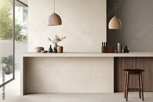 Open living area interior design with a marble bar counter, light wooden cabinetry, and a mix of metallic and wooden decor accents.