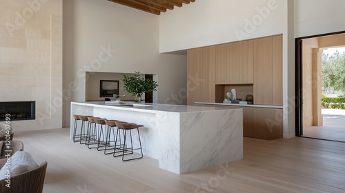 Open living area interior design with a marble bar counter, light wooden cabinetry, and a mix of metallic and wooden decor accents.