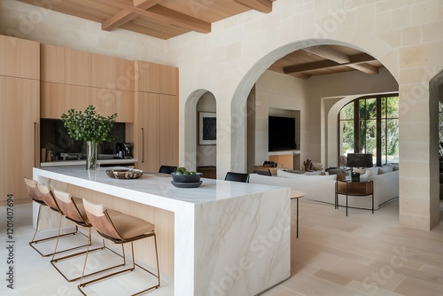 Open living area interior design with a marble bar counter, light wooden cabinetry, and a mix of metallic and wooden decor accents.