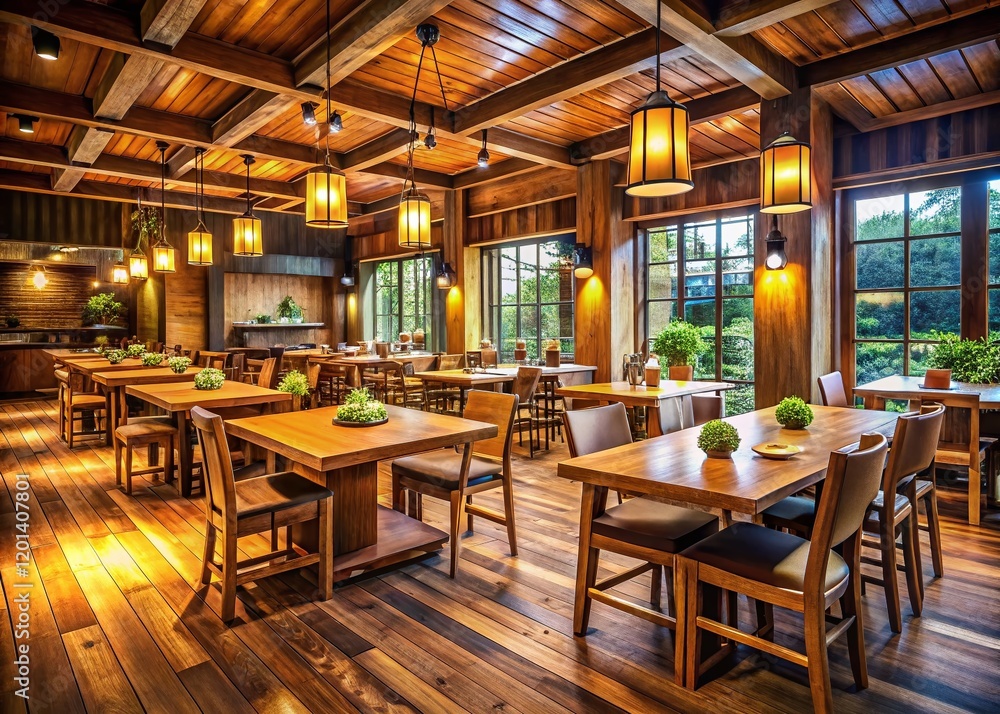 Panoramic View of Rustic Wooden Tables and Chairs in a Cozy Restaurant Panoramic View of Rustic Wooden Tables and Chairs in a Cozy Restaurant