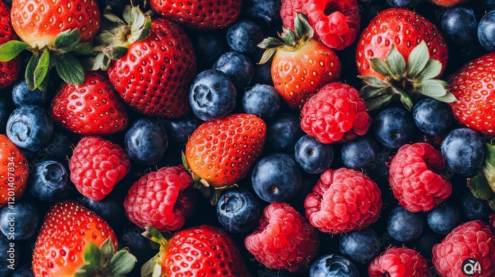 A flat lay of fresh berries, including strawberries, blueberries, and raspberries, arranged in an artistic pattern on a white background A flat lay of fresh berries, including strawberries, blueberries, and raspberries, arranged in an artistic pattern on a white background
