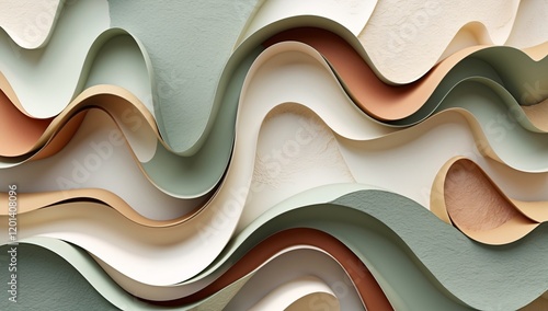 Intricate abstract artwork featuring layered wave patterns in calming earth tones and pastel hues