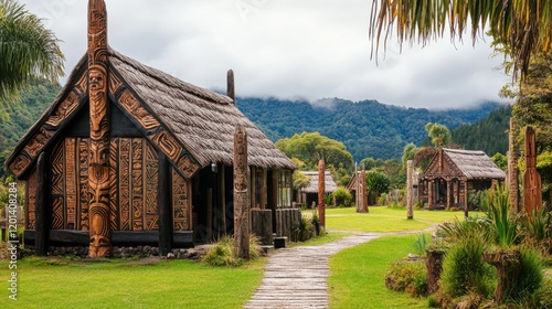 Traditional Maori Village with Carved Buildings and Lush Green Landscape