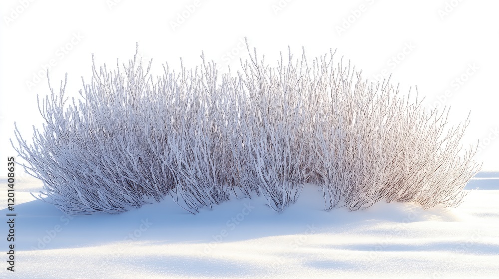 Frost-covered shrubbery in a snowy landscape, softly illuminated by bright winter sunlight