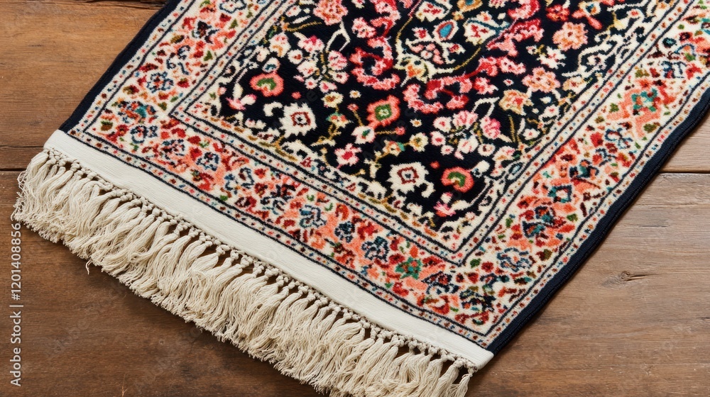 Ornate rug with detailed floral pattern and fringe Ornate rug with detailed floral pattern and fringe