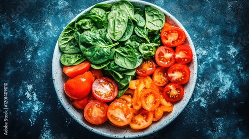 Fresh spinach and cherry tomatoes salad bowl, healthy food prep photo