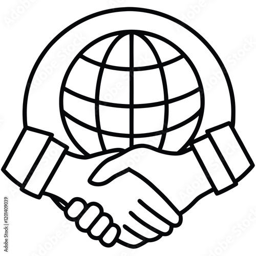 Global Partnership Handshake between two hands with a stylized globe in the background, drawn in thin, smooth lines to symbolize international collaboration Adobe Illustrator Line Artwork
