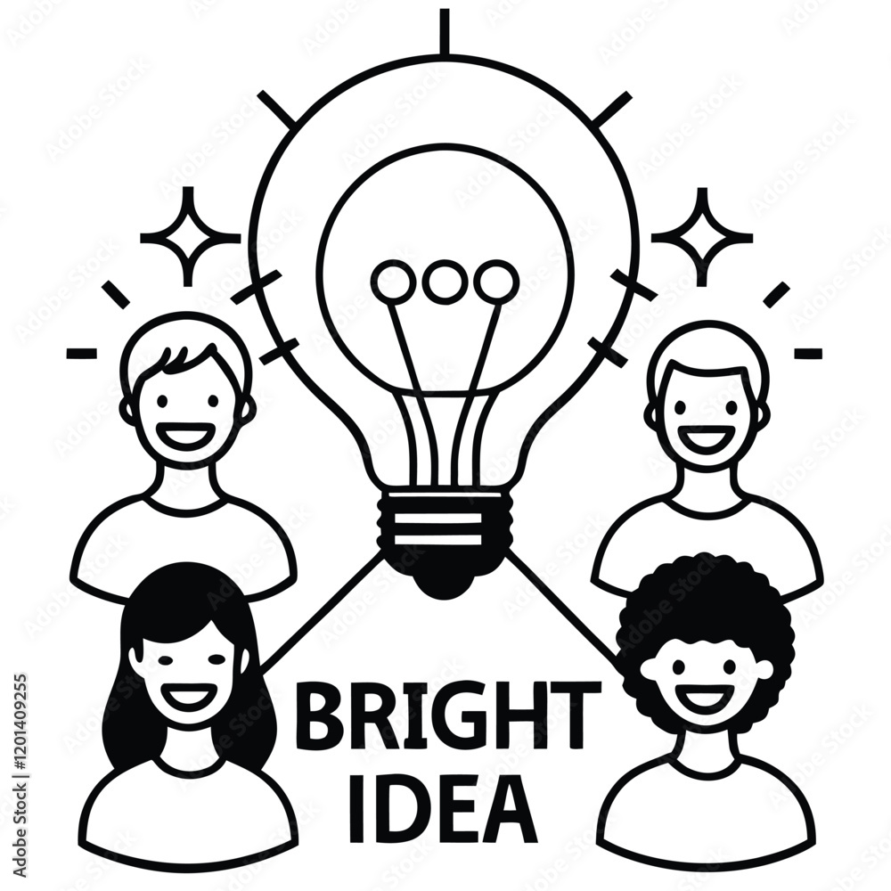 A simple yet elegant line drawing of three abstract human shapes under a large light bulb, featuring intricate details like a filament in the bulb to signify knowledge and creativity A simple yet elegant line drawing of three abstract human shapes under a large light bulb, featuring intricate details like a filament in the bulb to signify knowledge and creativity