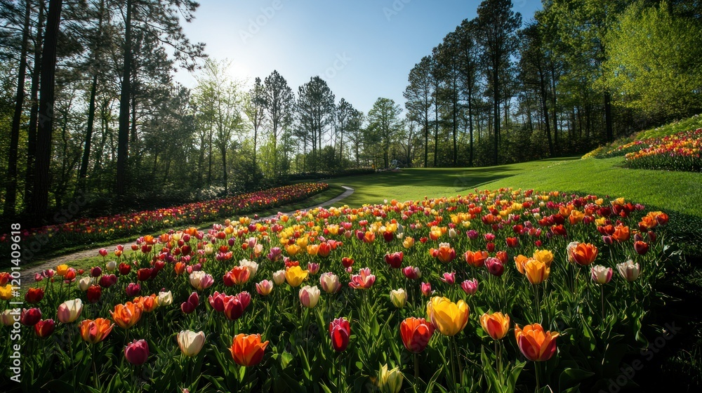 A vivid field of tulips in various colors, with a path cutting through the rows and tall trees silhouetted against the horizon A vivid field of tulips in various colors, with a path cutting through the rows and tall trees silhouetted against the horizon