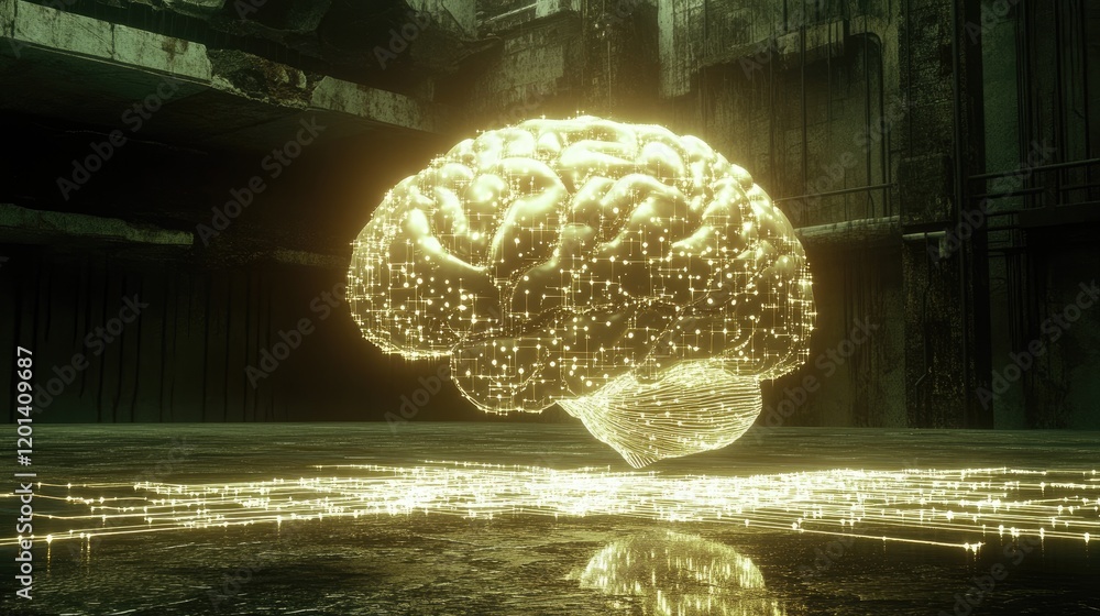Illuminated Brain in a Derelict Industrial Setting Illuminated Brain in a Derelict Industrial Setting