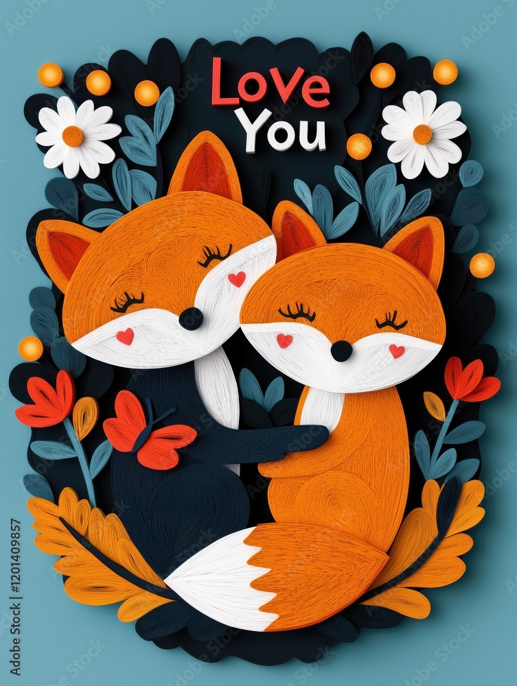 Fototapeta premium Endearing illustration of a pair of foxes sharing a loving moment with the 'Love You' message surrounded by vibrant flowers