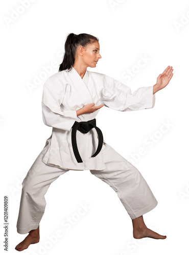 Woman in white  kimono punch hard in the air -  a karate martial art girl