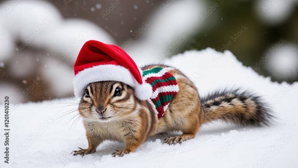 A cute white feline in a red Christmas hat braves the snowy winter landscape A cute white feline in a red Christmas hat braves the snowy winter landscape