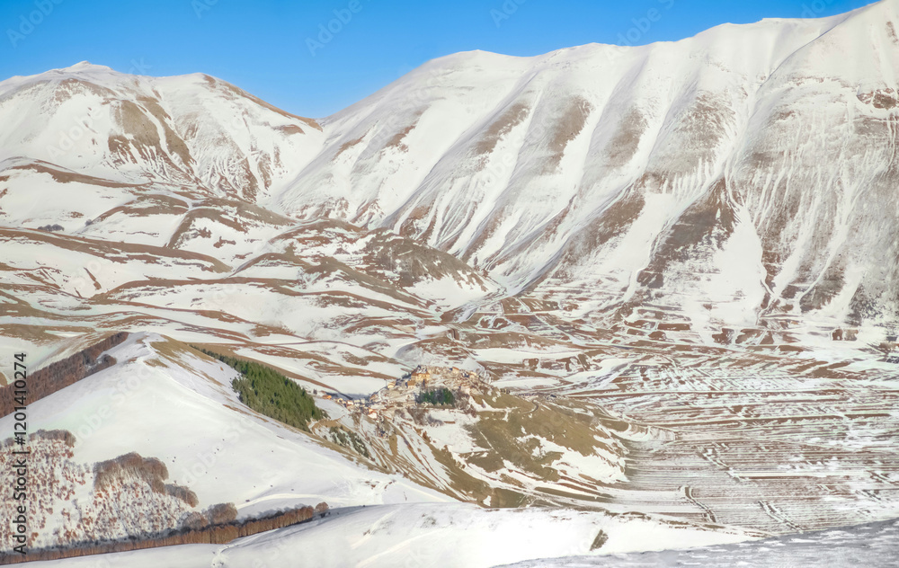 Monti Sibillini (Italy) - The landscape summit in Marche and Umbria region, municipal of Montemonaco, Amandola and Norcia. Sibillini panoramic winter landmark, alpinistic with snow