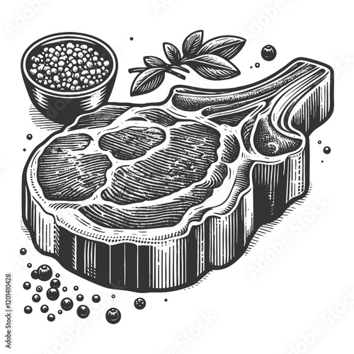 grilled steak, accompanied by garlic cloves, herbs, and peppercorns, showcasing rustic culinary elements sketch engraving generative ai vector illustration. Scratch board. Black and white image.