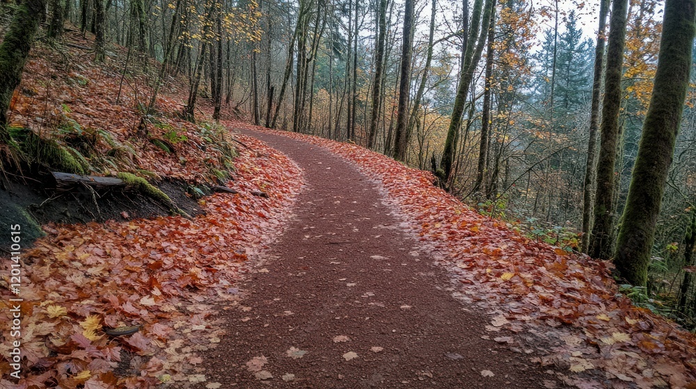 Fototapeta premium An empty dirt trail covered with red and orange leaves, bordered by autumn trees, leaving space above the trail for text.