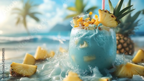 ropical smoothie with fresh pineapples and ocean spray photo