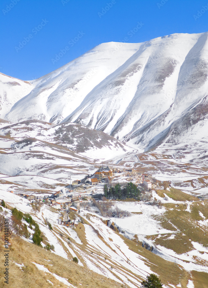 Monti Sibillini (Italy) - The landscape summit in Marche and Umbria region, municipal of Montemonaco, Amandola and Norcia. Sibillini panoramic winter landmark, alpinistic with snow