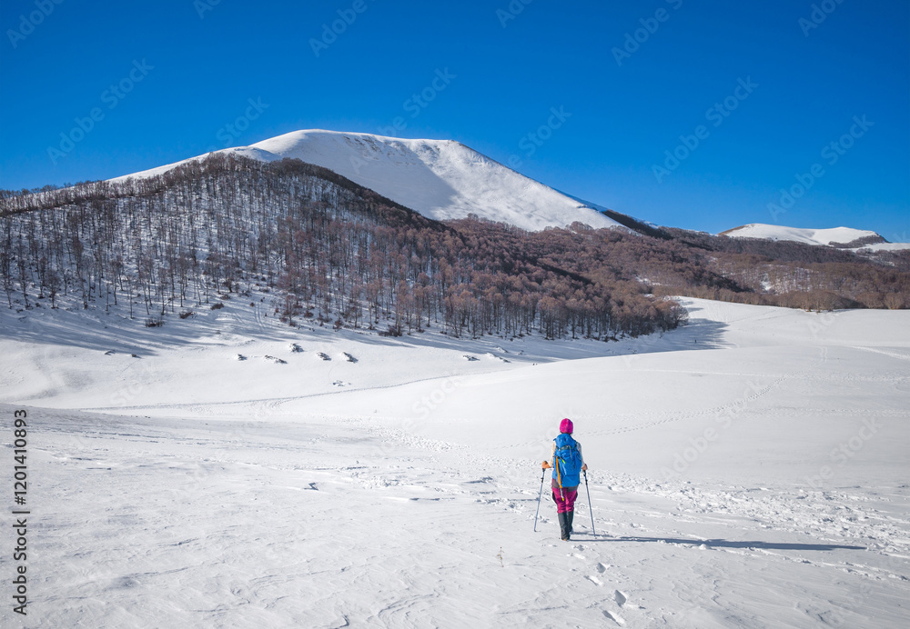Monti Sibillini (Italy) - The landscape summit in Marche and Umbria region, municipal of Montemonaco, Amandola and Norcia. Sibillini panoramic winter landmark, alpinistic with snow