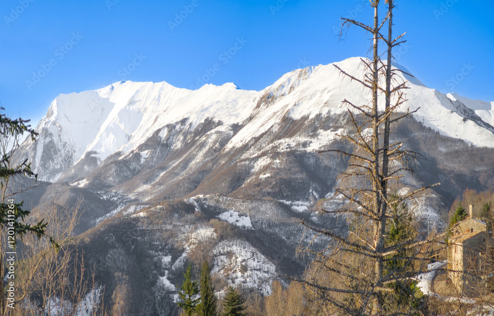 Monti Sibillini (Italy) - The landscape summit in Marche and Umbria region, municipal of Montemonaco, Amandola and Norcia. Sibillini panoramic winter landmark, alpinistic with snow