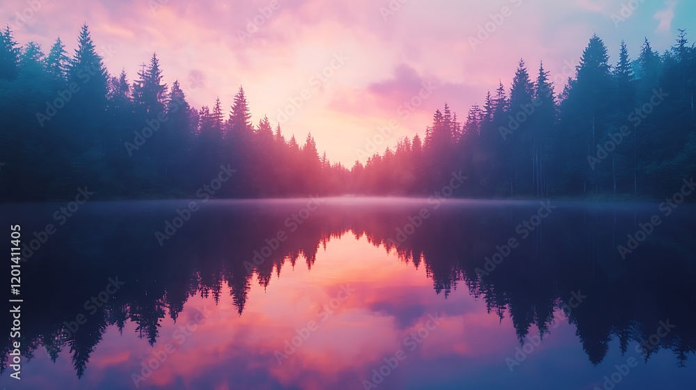 Fototapeta premium Sunset over a tranquil forest lake