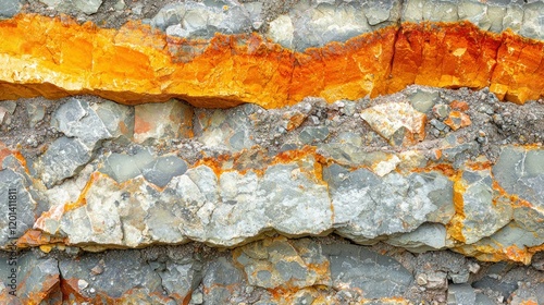 Orange mineral veins in layered cliff face geological formation. photo