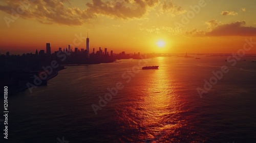 Helicopter view of New York Harbor at sunset, with Staten Island Ferry crossing and distant skyscrapers glowing in the horizon